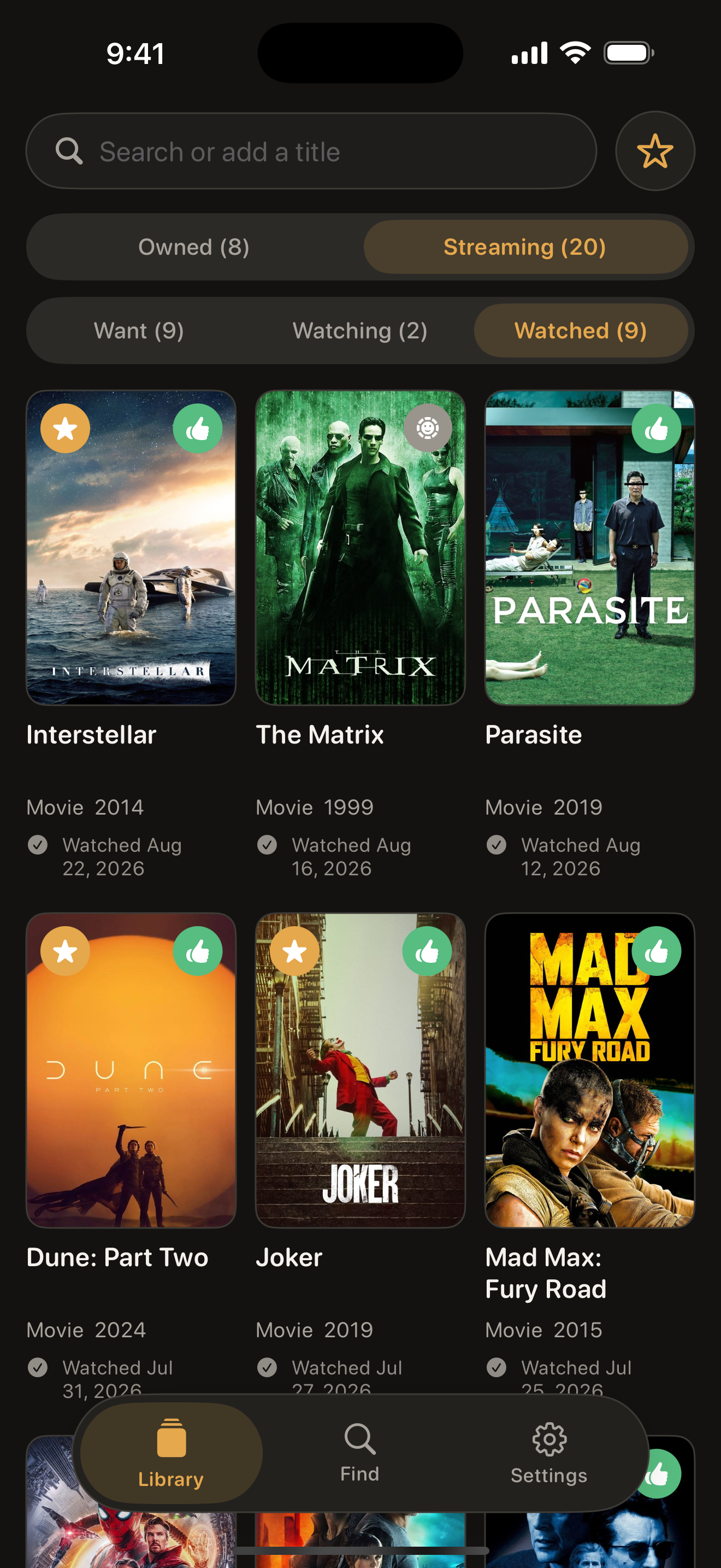 The GoodWatch Library screen with rated titles and thumbs.
