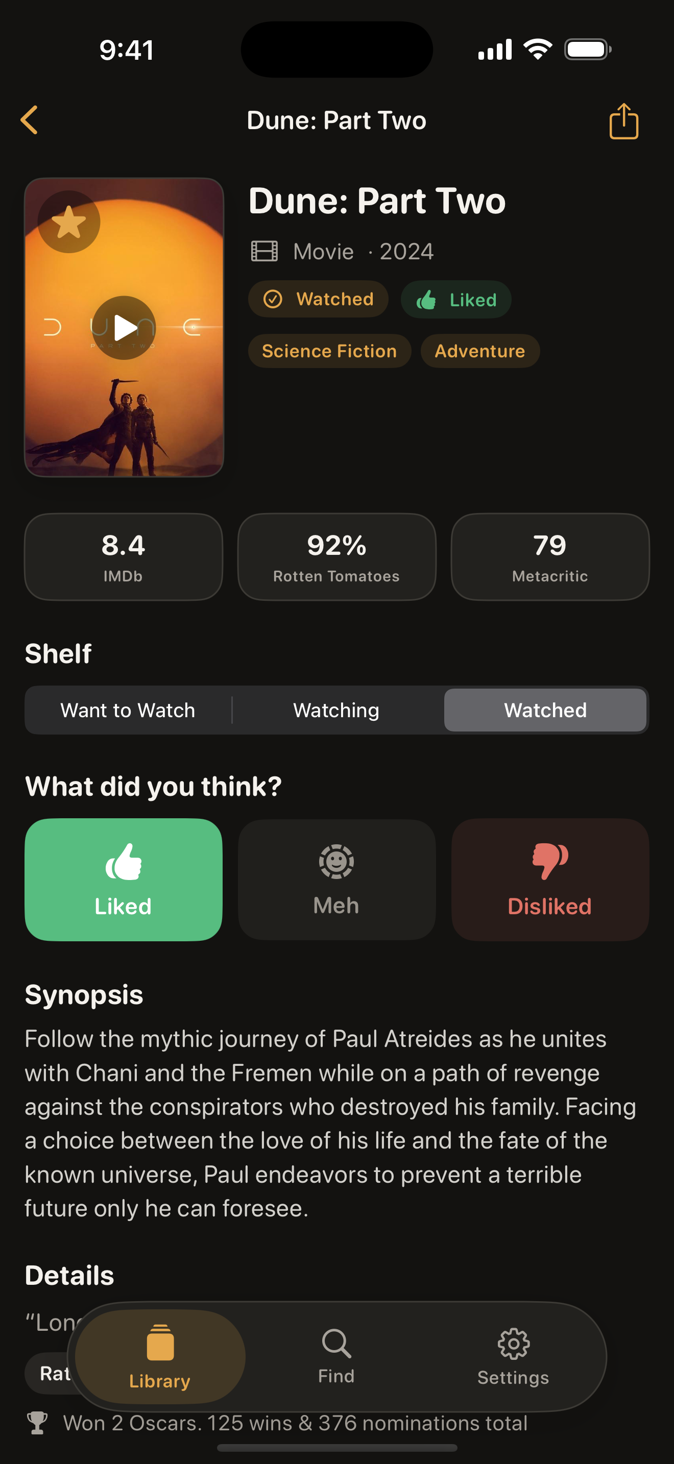 A GoodWatch title detail screen with aggregated IMDb, Rotten Tomatoes, and Metacritic scores.
