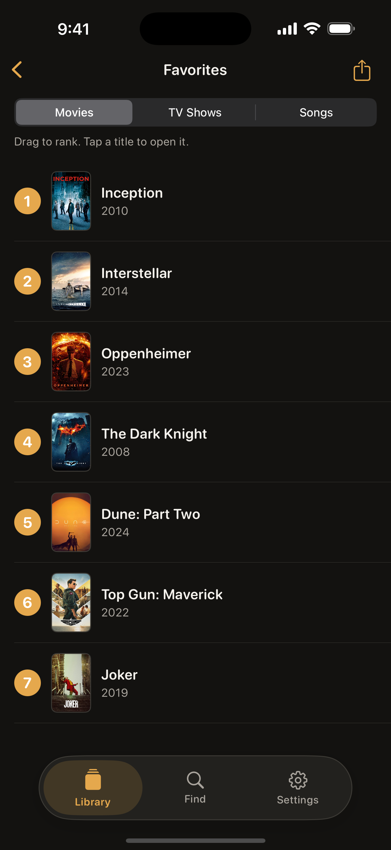 A GoodWatch ranked Top 10 favorites screen.