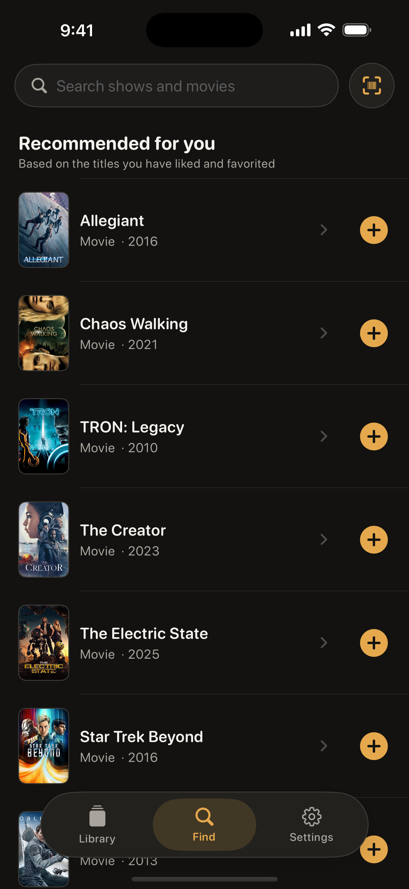 The GoodWatch Find screen showing search results with posters and recommendations.